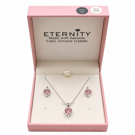 Eternity Cubic Zirconia Silver Pink Heart Necklace & Earrings Set