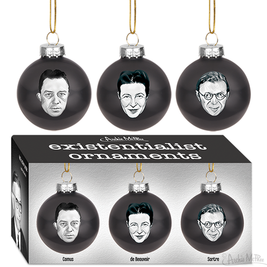 Existentialist Ornaments are black Christmas decorations adorned with illustrations of famous existential philosophers such as Albert Camus, Simone de Beauvoir, and Jean-Paul Sartre. They arrive in a beautifully labeled box and are perfect for adding an intellectual flair to your holiday decor.