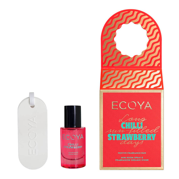 Ecoya Chilli Strawberry fragrance set with bottle and packaging on a white background.