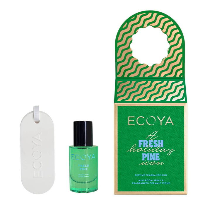 Ecoya Fresh Holiday Pine fragrance set with bottle, stone, and packaging on a white background.