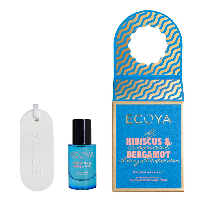 Ecoya fragrance set with bottle, ceramic stone, and packaging on a white background.