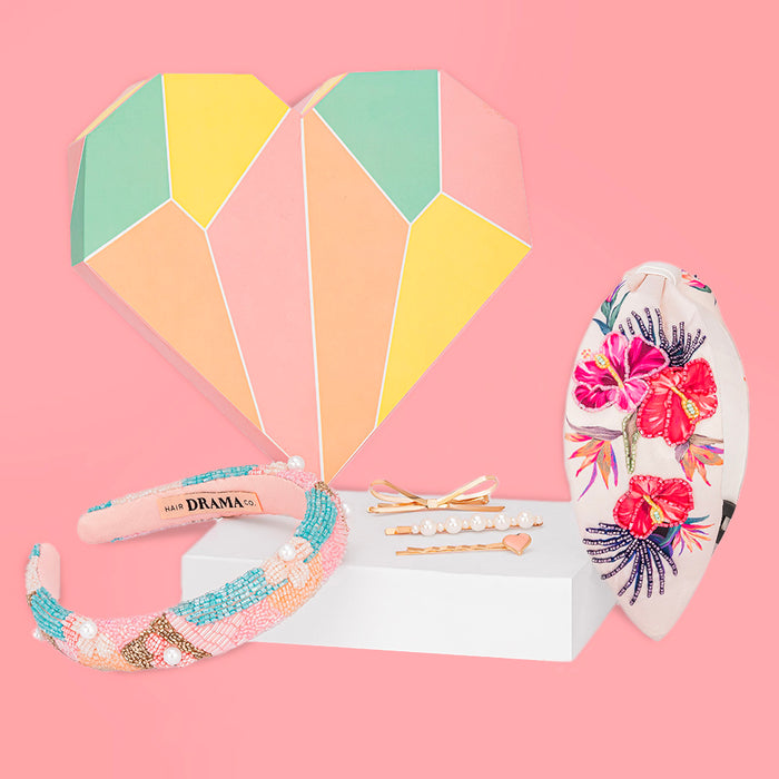 Floral Gift Box with 1 Knotted Hair Band, 1 Puff Hair Band & 3 Hair Pins