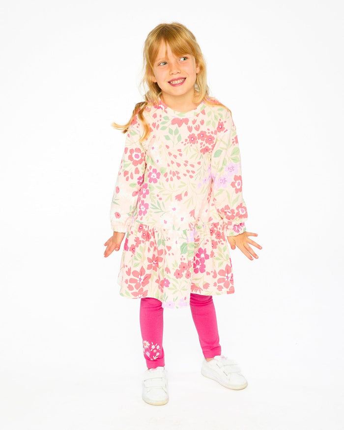 French Terry Dress Pink Printed Flowers-1