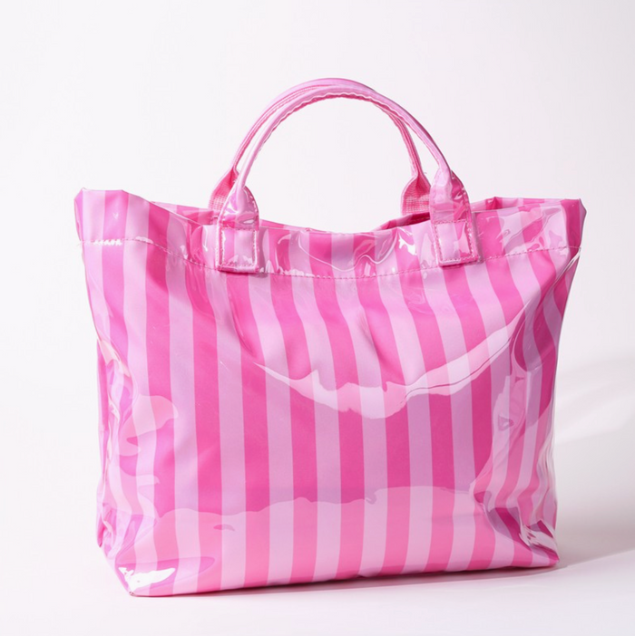 Fuchsia Pink Striped Vinyl Tote Bag