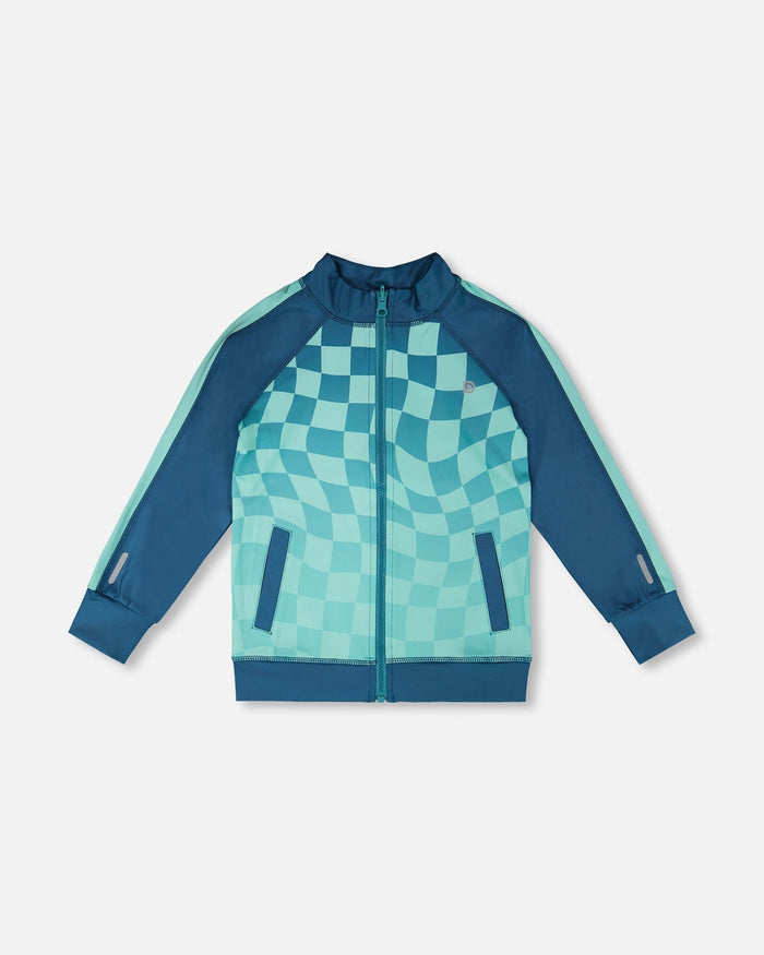 Full Zip Athletic Cardigan In Recycled Polyester Teal Printed Checkerboard-0
