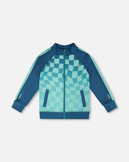 Full Zip Athletic Cardigan In Recycled Polyester Teal Printed Checkerboard-0