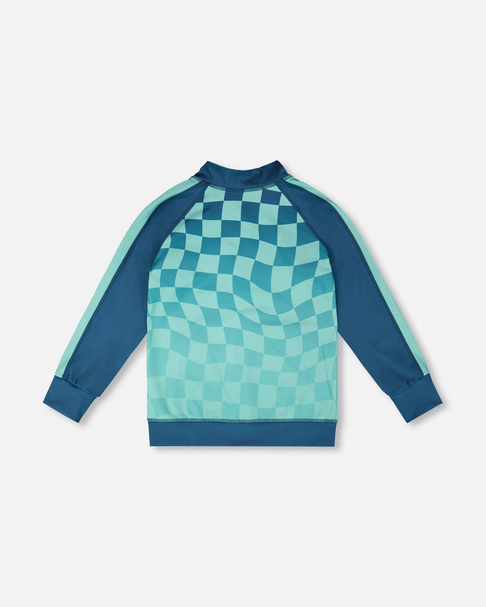 Full Zip Athletic Cardigan In Recycled Polyester Teal Printed Checkerboard-1
