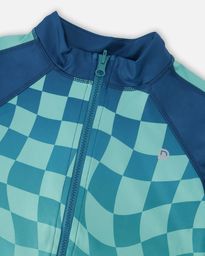 Full Zip Athletic Cardigan In Recycled Polyester Teal Printed Checkerboard-2
