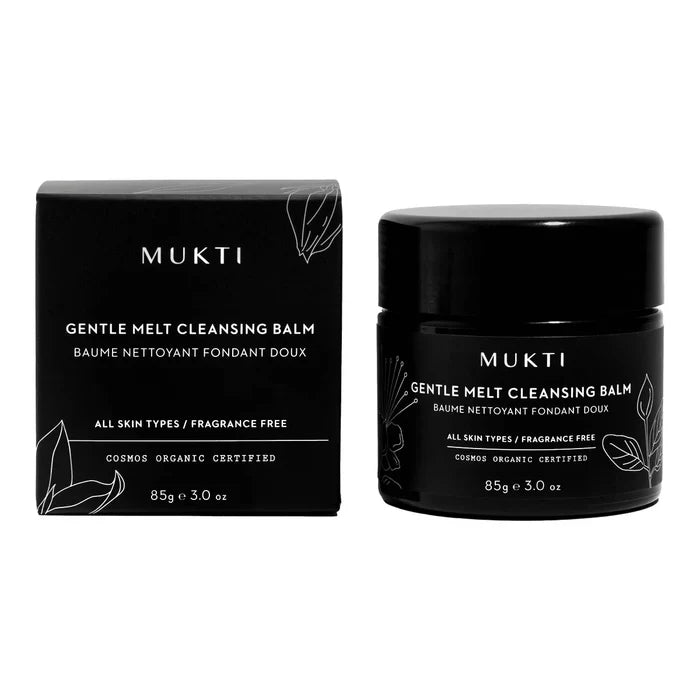 Pot and outer cardboard packaging of MUKTI Gentle Melt Cleansing Balm on a white background.