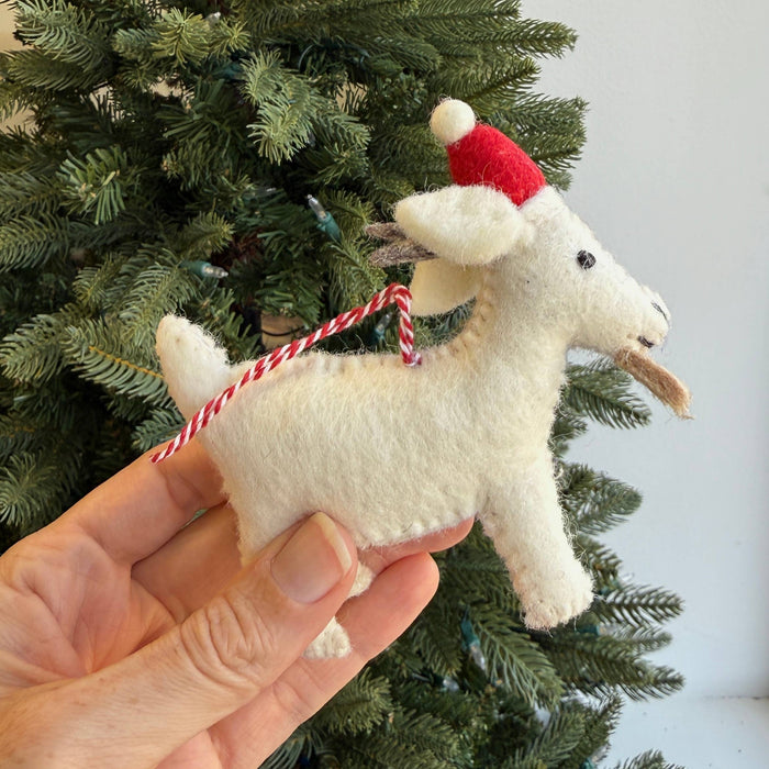 Goat in Santa Hat Felt Wool Ornament