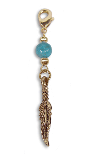 gold feather charm with turquoise bead mini hair accessory front view