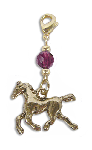 Gold running horse charm with red faceted bead and lobster clasp