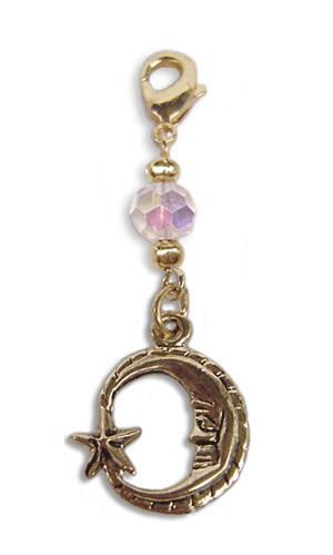 Gold crescent moon and star charm with iridescent faceted bead and lobster clasp