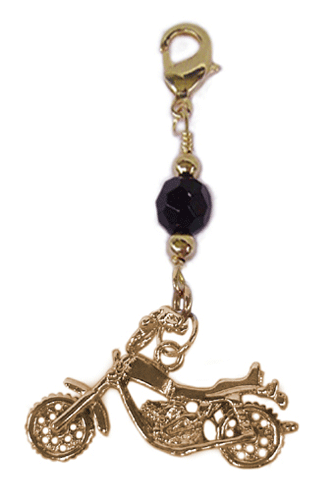 Gold motorcycle charm with black faceted bead and lobster clasp