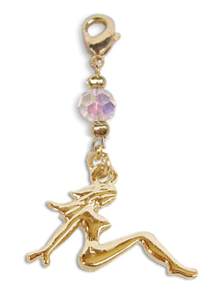Gold silhouette charm of reclining woman with iridescent faceted bead and lobster clasp