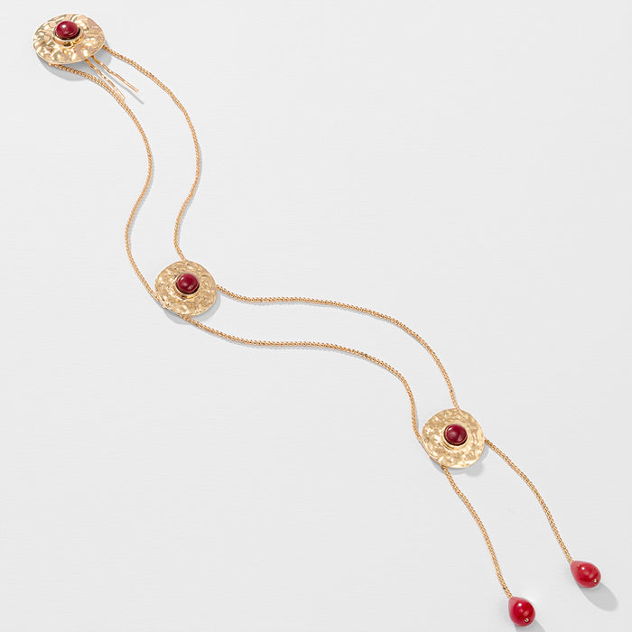 Gold Plated Circular Hair Braid with Maroon Stones