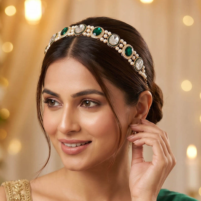 Gold Plated Hair Band for Women with Pearls and Crystals - Green