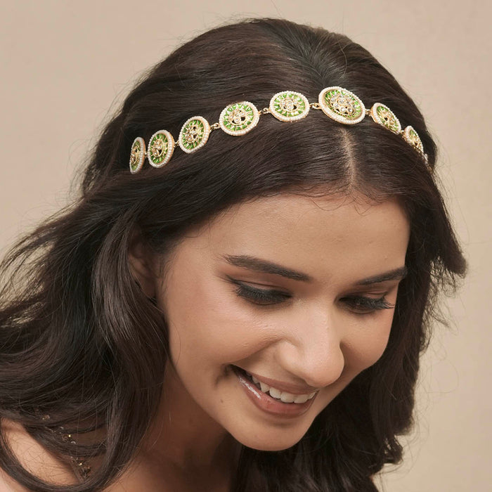 Gold Plated Hair Band with Pearls and Enamel - Green