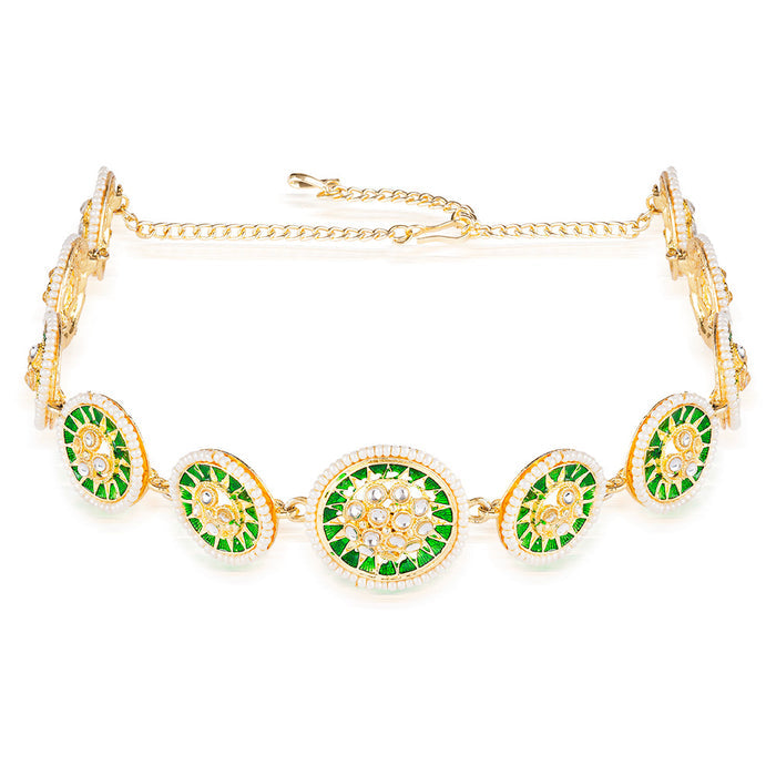Gold Plated Hair Band with Pearls and Enamel - Green