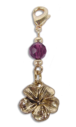 Gold plumeria flower charm with purple faceted bead and lobster clasp