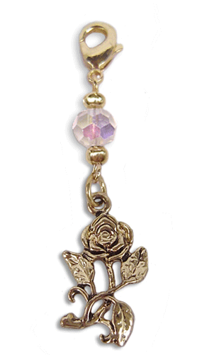 Gold rose charm with iridescent faceted bead and lobster clasp