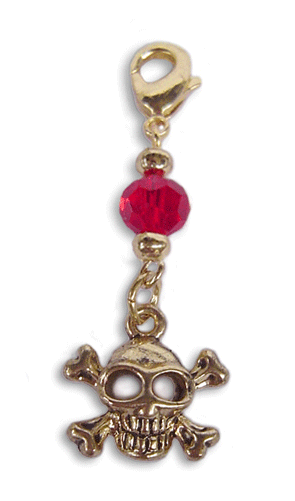 Gold skull and crossbones charm with red faceted bead and lobster clasp