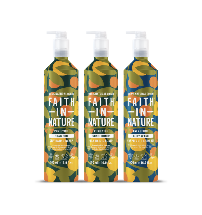 Faith In Nature Grapefruit & Orange aluminium shampoo, conditioner & shower gel