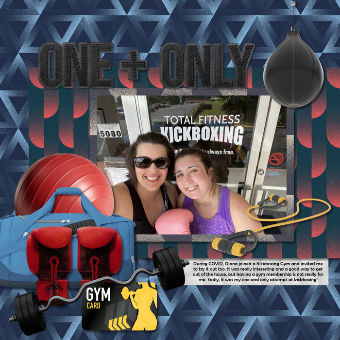 Celebrate your fitness journey! Whether you're documenting workout milestones, healthy habits, weight-loss achievements, or an active lifestyle, this versatile digital scrapbooking embellishments and patterned papers kit by Lucky Girl Creative digital art has everything you need to create inspiring digital scrapbooking pages. Embellishments include gym bag, duffle bag, balancing ball, scale, boxing bag, boxing gloves, boxing helmet, wrestling shoes, climbing wall, grip, compression sleeve, weights, dumbbell