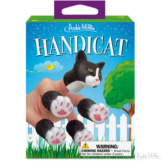 The item named Handicat showcases miniature black and white finger puppets designed to look like cat paws with pink pads.
