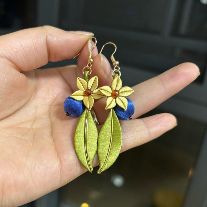 Handmade Chanhua Blueberry Earrings - Blue and Gold Flower Drop Earrings