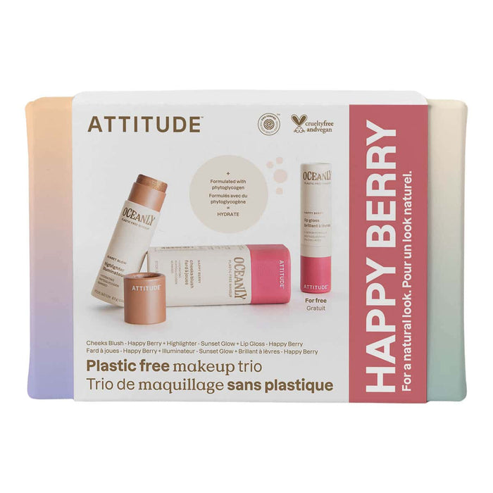 Oceanly Happy Berry plastic-free makeup trio packaging on a white background.
