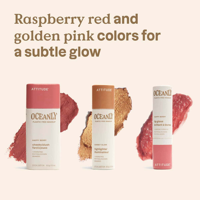 Three Oceanly makeup products with swatches of raspberry red and golden pink on a beige background..