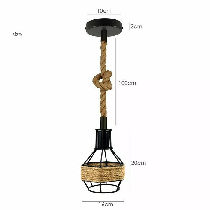 Hemp Rope Cord Pendant Light-E27 Metal Cage Hanging Lamp~5582