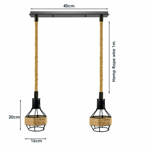 Hemp Rope Cord Pendant Light-E27 Metal Cage Hanging Lamp~5582