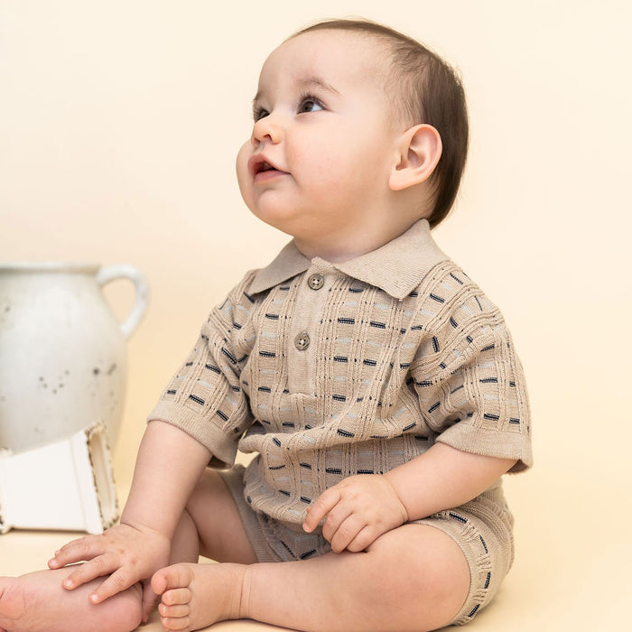 Henry Textured Baby Polo Sweater Shirt & Shorts Set (Organic Cotton) Model Sitting