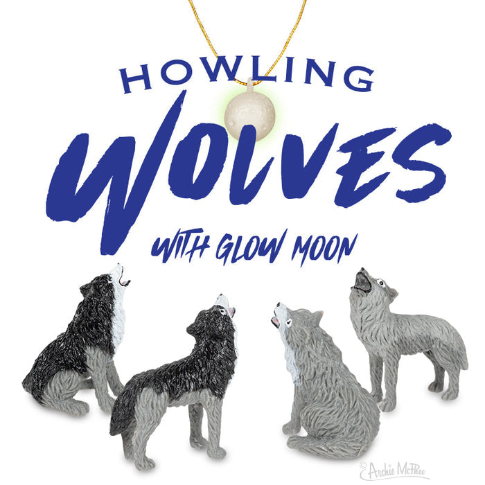 Four wolves in the Howling Wolves Playset howl at a glow-in-the-dark moon pendant above the text Howling Wolves.