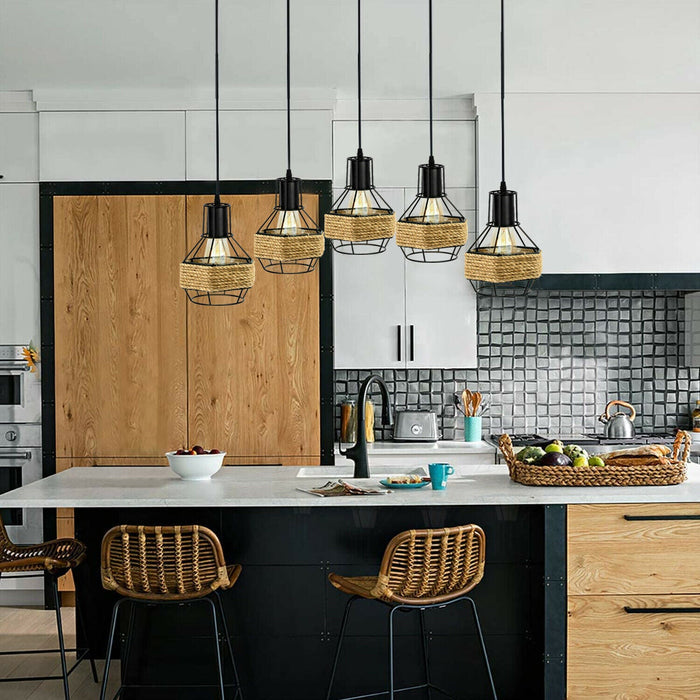 Industrial Hemp Rope Chandelier 5 Head Metal Ceiling Pendant Light~1633