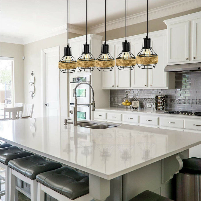 Industrial Hemp Rope Chandelier 5 Head Metal Ceiling Pendant Light~1633