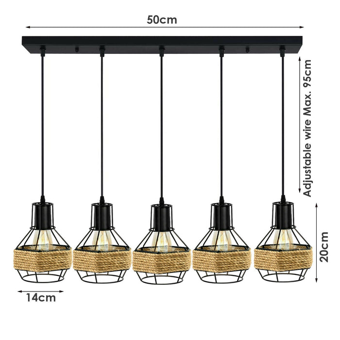 Industrial Hemp Rope Chandelier 5 Head Metal Ceiling Pendant Light~1633