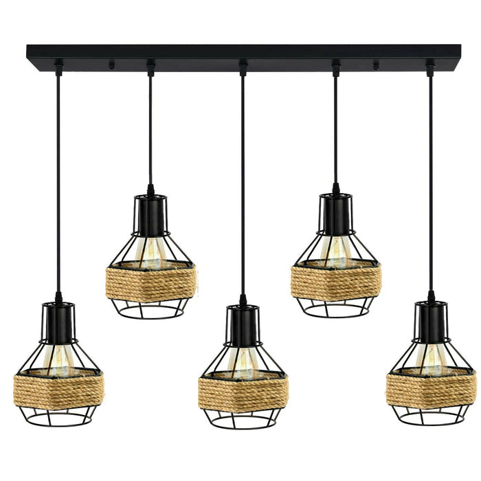 Industrial Hemp Rope Chandelier 5 Head Metal Ceiling Pendant Light~1633