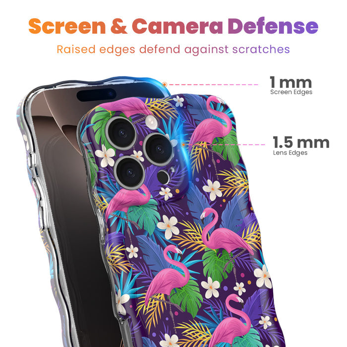 Trendy wavy iPhone case featuring vibrant pink flamingos, emerald palm fronds, and white flowers on a dark purple background with a high-gloss finish.