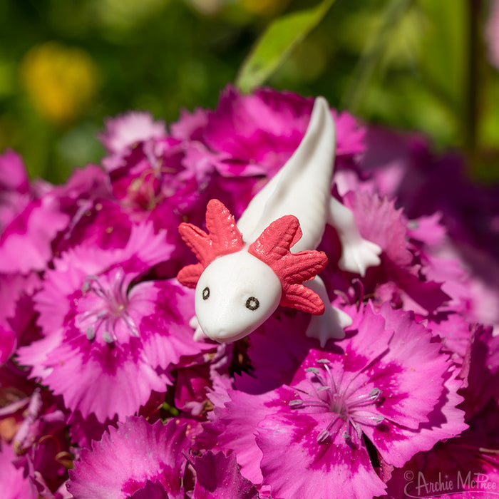 The Itty Bitty Axolotls figurine, featuring a white axolotl with red frills, rests gracefully on vibrant pink flowers in a garden, its soft vinyl finish catching the sunlight.