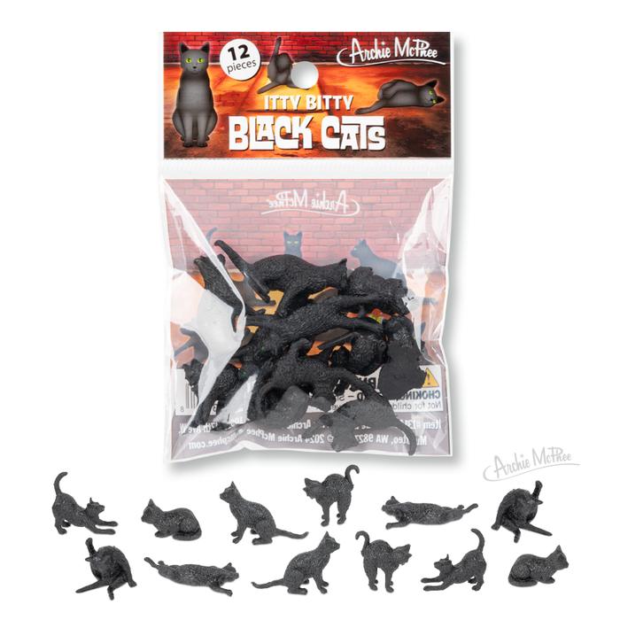 A 12-pack of Itty Bitty Black Cats—cute cat toys in different poses, ideal for collectors or cat lovers.