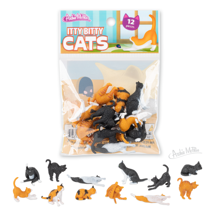 A package labeled "Itty Bitty Cats" displays 12 small, realistic vinyl cat figurines spread out in front.
