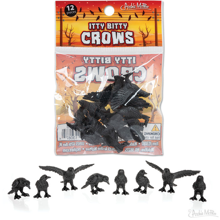 A set of Itty Bitty Crows, featuring 12 soft vinyl figures in various poses, both packaged in and displayed outside an illustrated bag.
