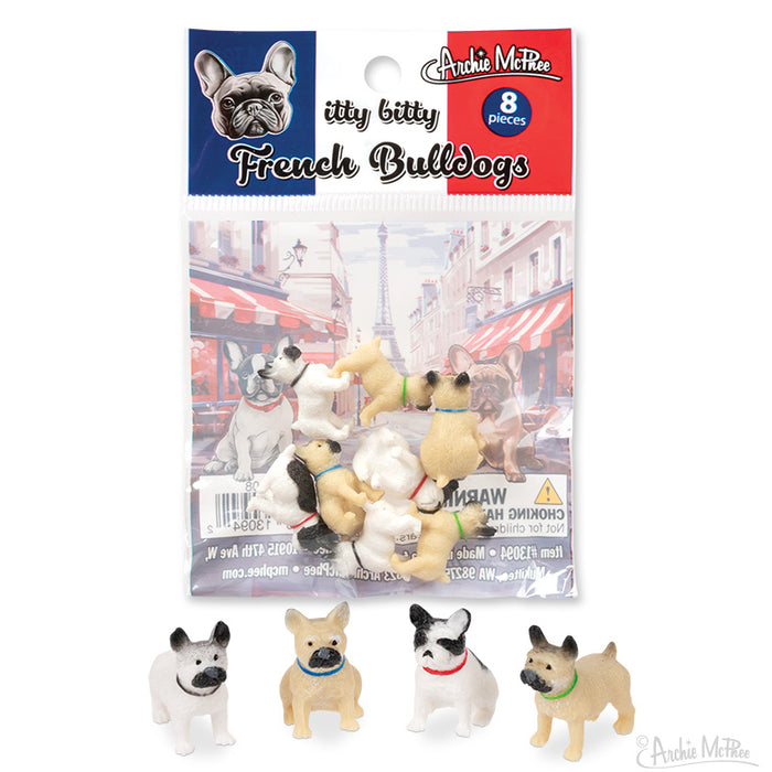 The packaging for Itty Bitty French Bulldogs features miniature French Bulldog figurines, with four charming mini bulldogs prominently displayed in the front.