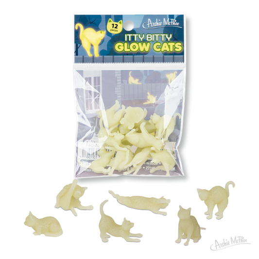 A package of 12 Itty Bitty Glow Cats made from soft vinyl, each in a playful pose. These glow-in-the-dark cats include some lounging outside the bag for extra display fun.