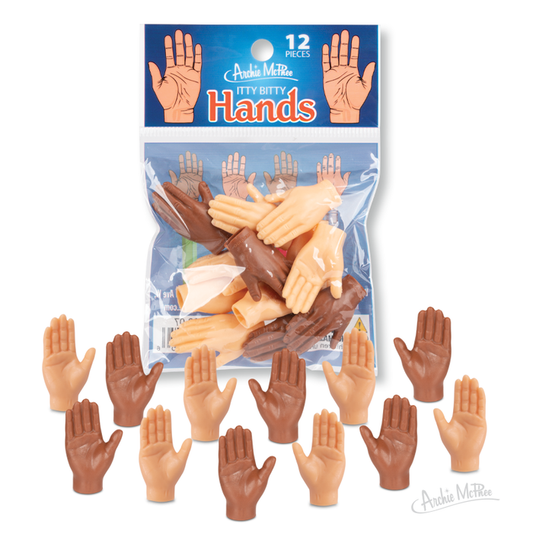 A bag of twelve Itty Bitty Hands—soft vinyl mini hands in assorted skin tones—with several novelty toy hands shown outside the package.