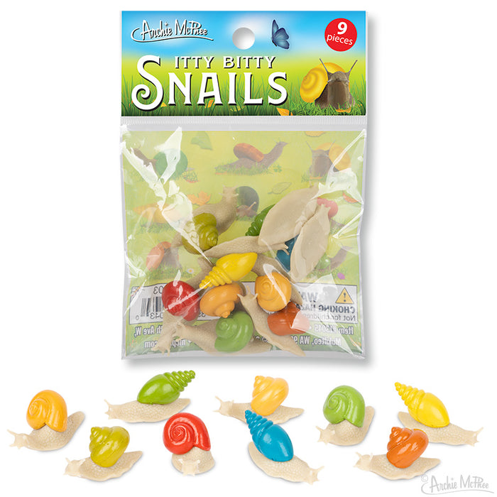 Introducing the Itty Bitty Snails, a charming collection of colorful toy snails crafted from soft vinyl. This delightful set showcases nine miniature gastropods beautifully arranged around the packaging, making them perfect for imaginative play and collecting.