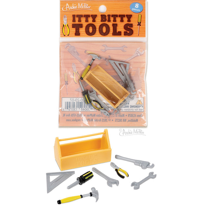 The Itty Bitty Tools set offers a compact and comprehensive kit that includes essentials like a toolbox, hammer, screwdriver, wrench, and additional tools—a perfect choice for aspiring young builders!